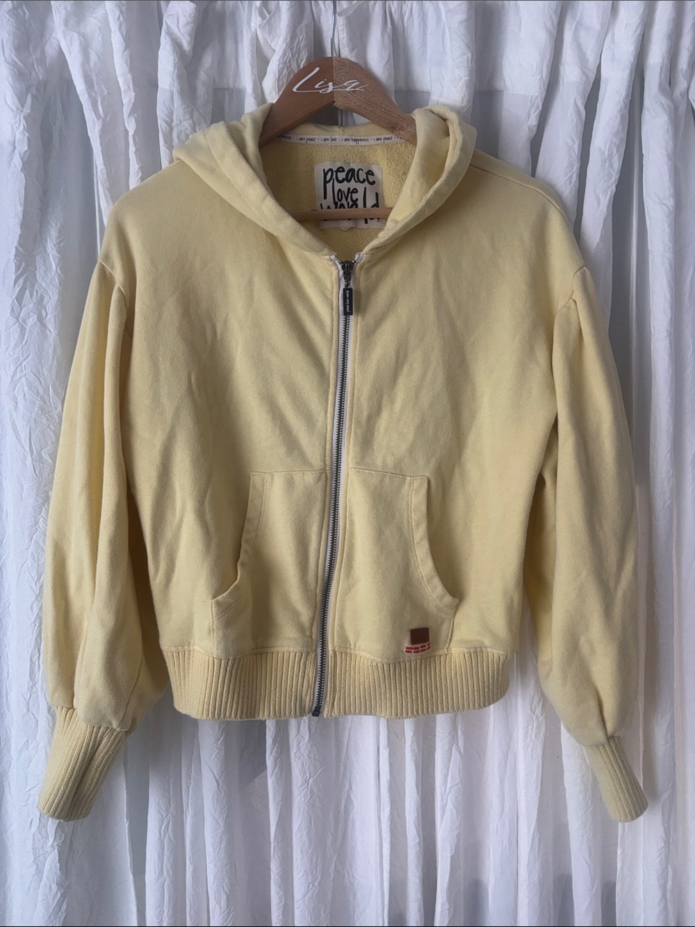 Peace Love World Pale Yellow Zip-Up Hoodie
